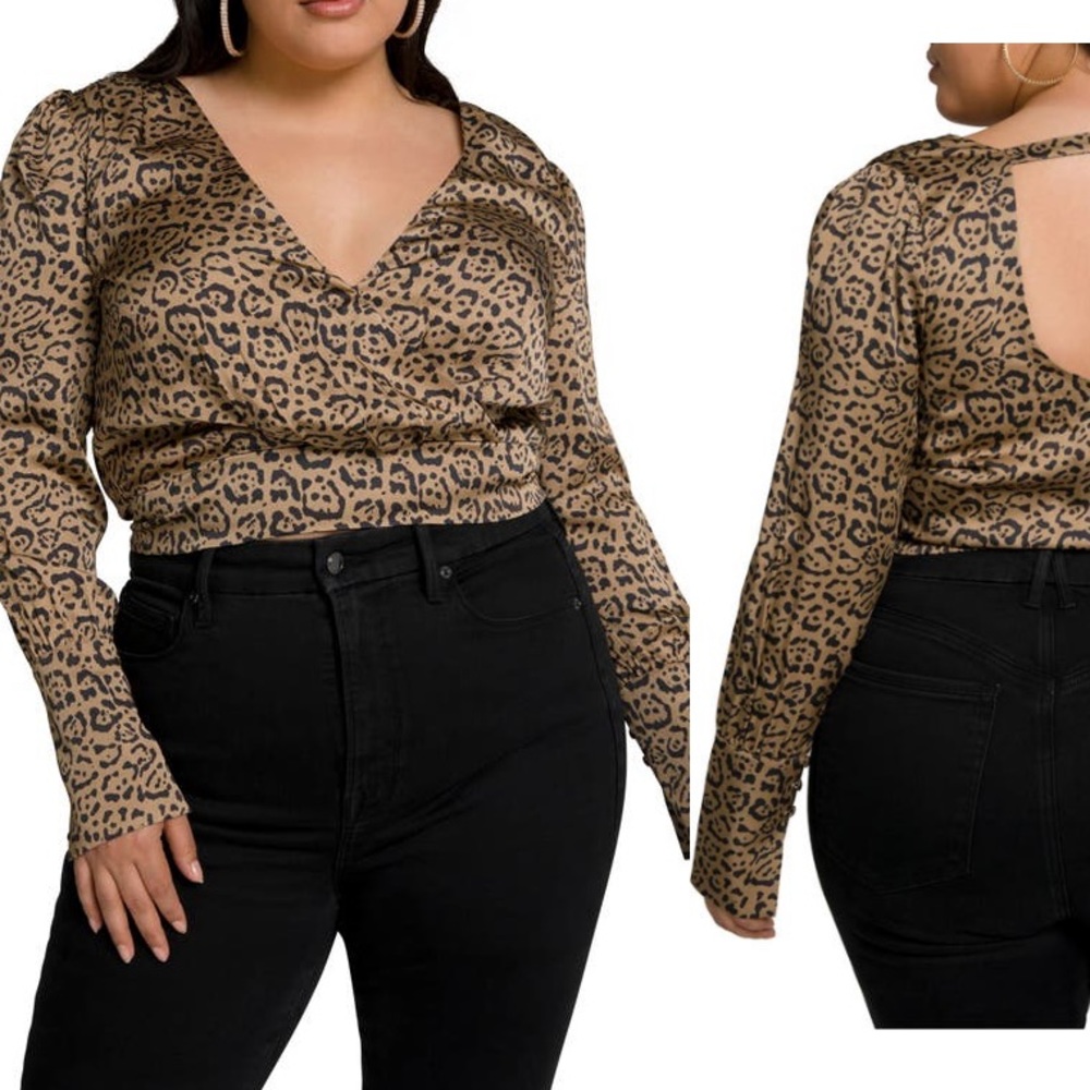 Good American Satin Faux Wrap Top in Leopard Print - Picture 2 of 10